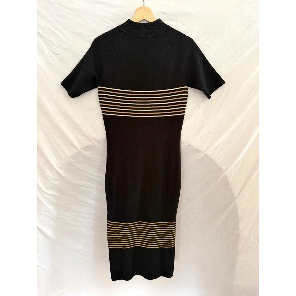 Monrow Knit Midi Dress Womens Black Tan Striped Mock Neck Short Sleeve Small - Picture 4 of 9